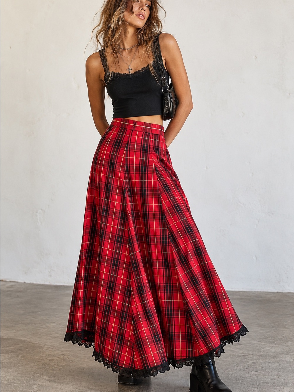 Vintage Red Tartan Plaid Taffeta Maxi Skirt S Lace Trim Handmade Heritage Indie